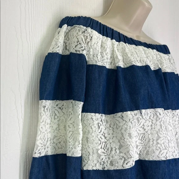 English Factory - Blue And White Lace Stripe Off The Shoulder Blouse Size Small - Picture 4 of 10